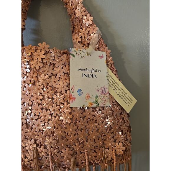NWT Pink Floral Viral Beaded Fringe Handcrafted Made India Womans Purse Handbag - Picture 3 of 6